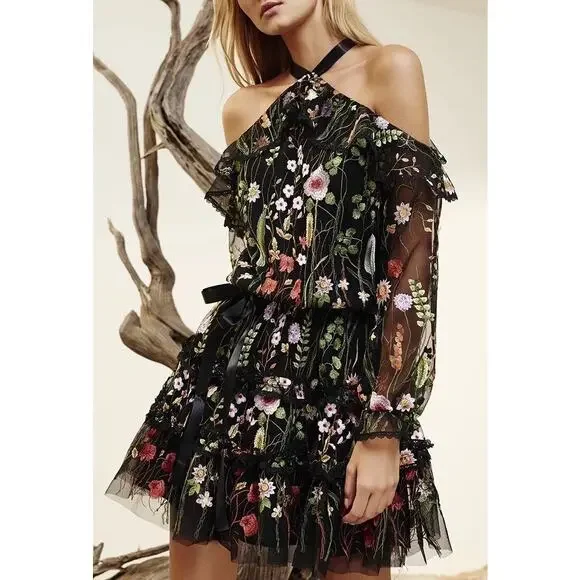 Alexis Adeline Floral Embroidered Dress Black Sz Small Whimsical - Picture 1 of 11